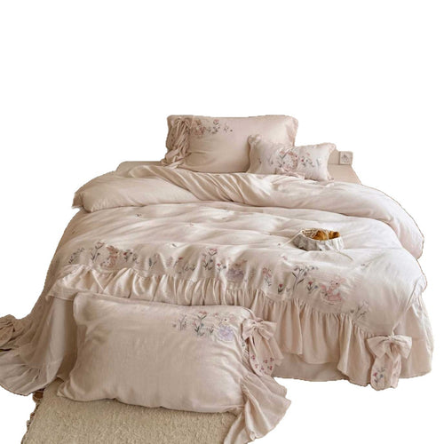 Boho Romantisch Rüsch Baumwolle Bettbezug mit Handgestickten Blumenmotiven