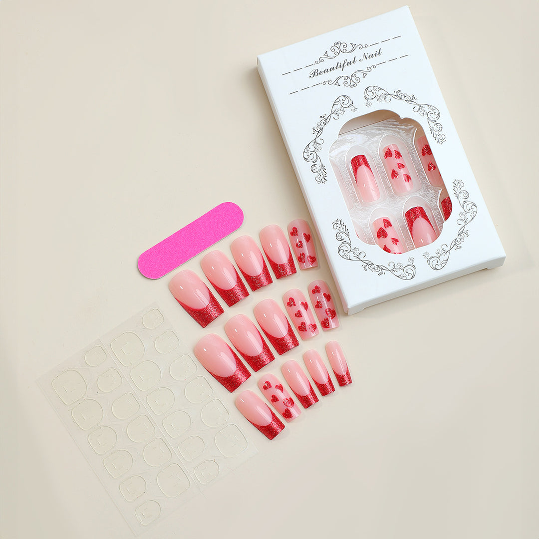 Premium Dekorativer Press-On Nagelset mit Herz- und Glitzerdesigns Karnz