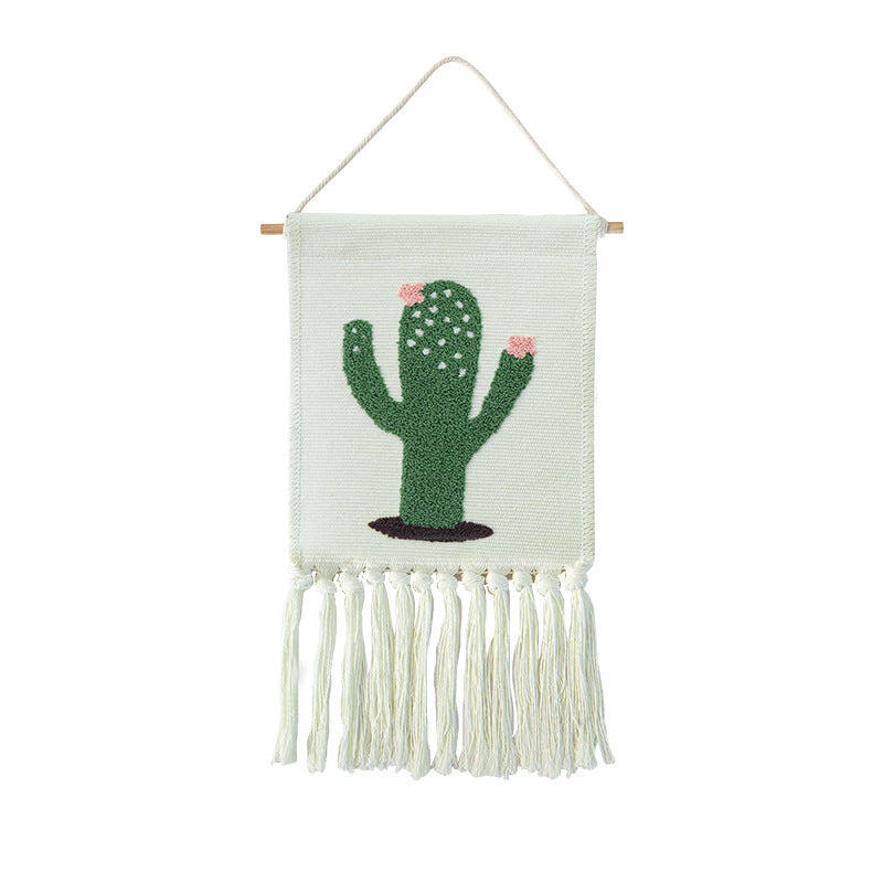 Wandbehang aus gewebtem Baumwollmix mit tufted Kaktusmotiv und Baumwollfransen Karnz