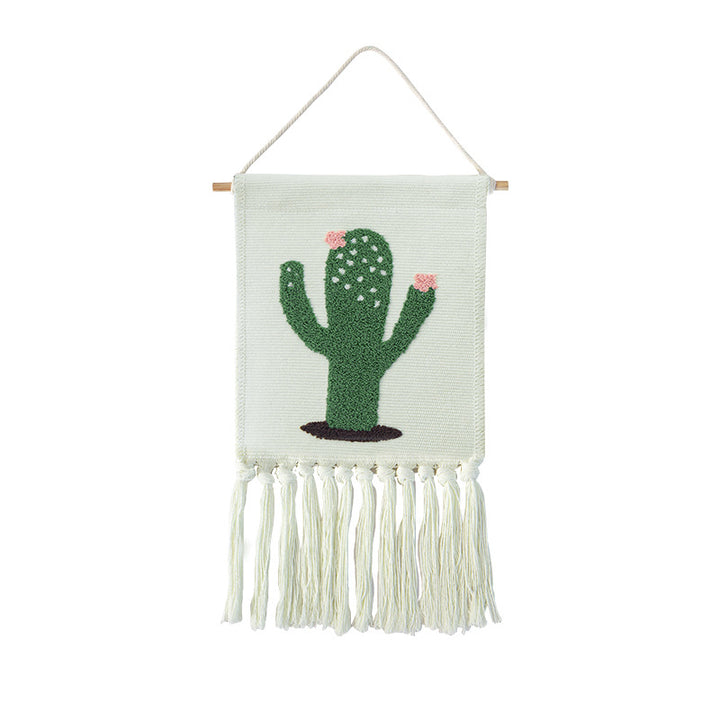 Wandbehang aus gewebtem Baumwollmix mit tufted Kaktusmotiv und Baumwollfransen Karnz