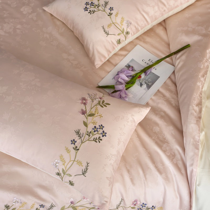 Botanisches Jacquard-Baumwollsatin Bettbezug-Set mit zarten Zweigstickereien und Umschlagkissenbezügen