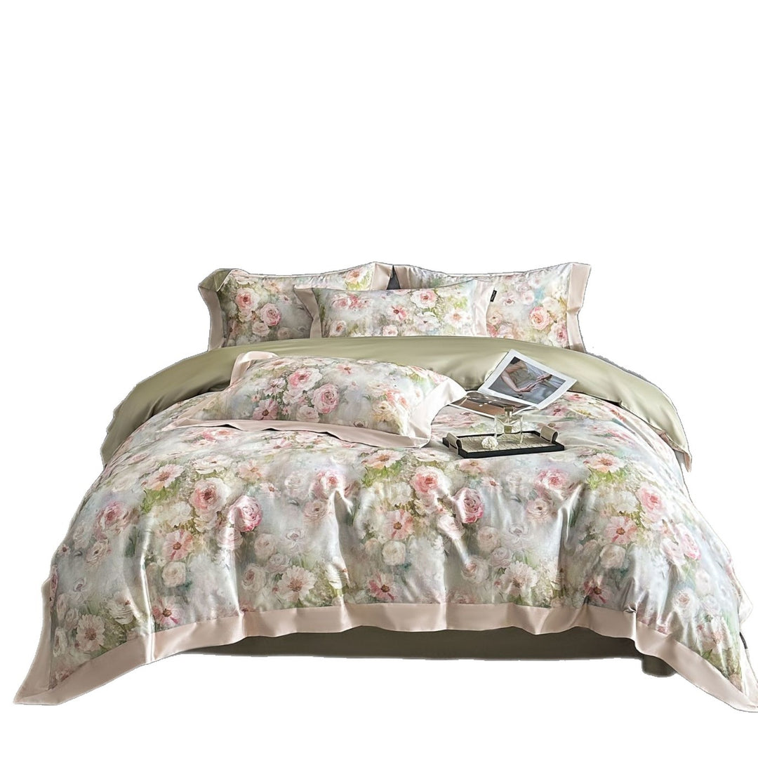 Seidene Blumen-Satin Bettbezug Set mit Satin Saum und Umschlagkissenbezügen