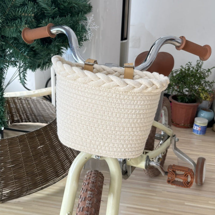 geflochtenes Seil Fahrradkorb mit Pompon-Verzierungen und Lederlenker-Riemen Karnz