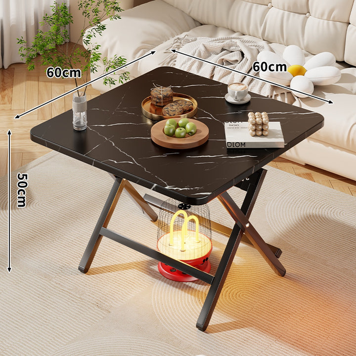 Quadratischer faltbarer Kaffeetisch mit Marmor-Effekt und Kreuzbein-Metallrahmen