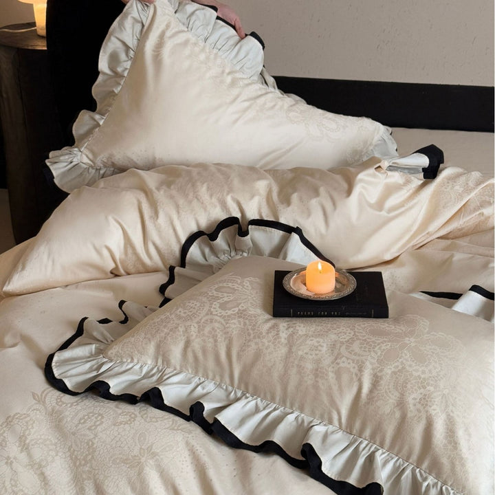 Contrast-Trim Ruffled Jacquard Duvet Cover Set