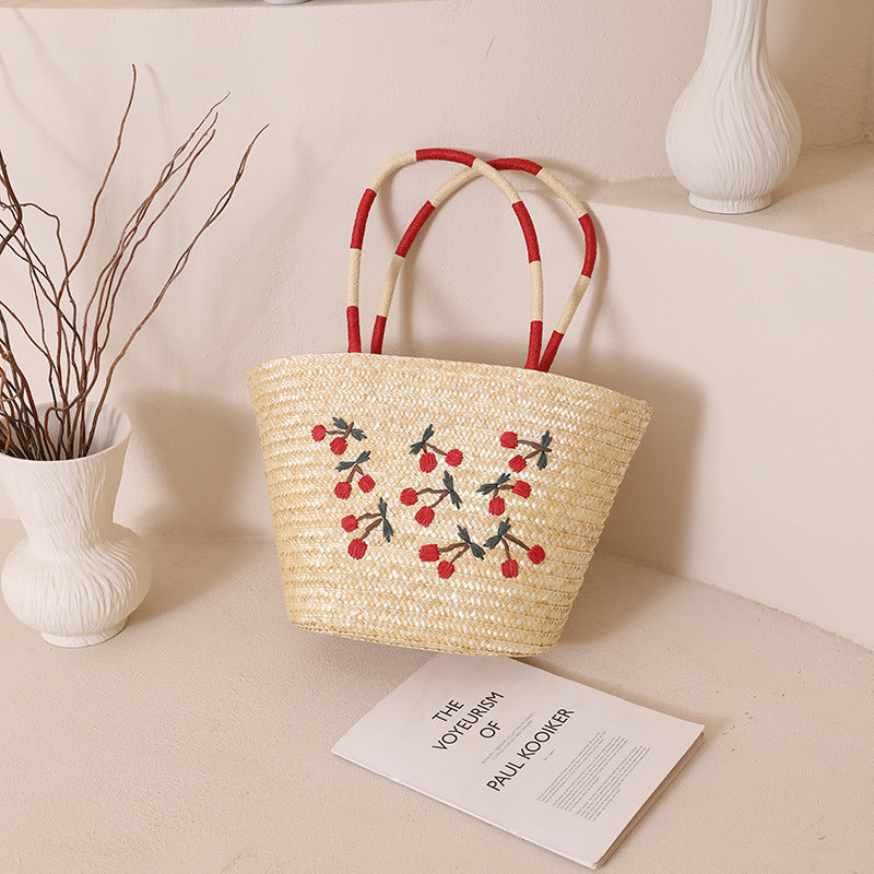 Damen Handgefertigte Korbtasche mit floralem Stickdesign Karnz