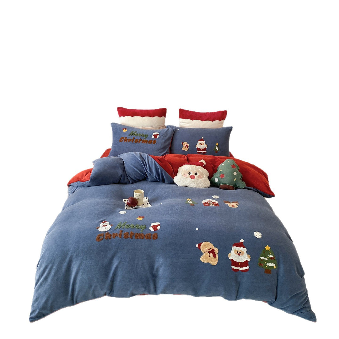 Holiday Embroidered Plush Velvet Reversible Duvet Cover Set with Decorative Pillow Shams