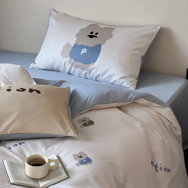 Bettwäsche-Garnitur aus Baumwollsatin mit Teddybär- und Frühstücks-Print