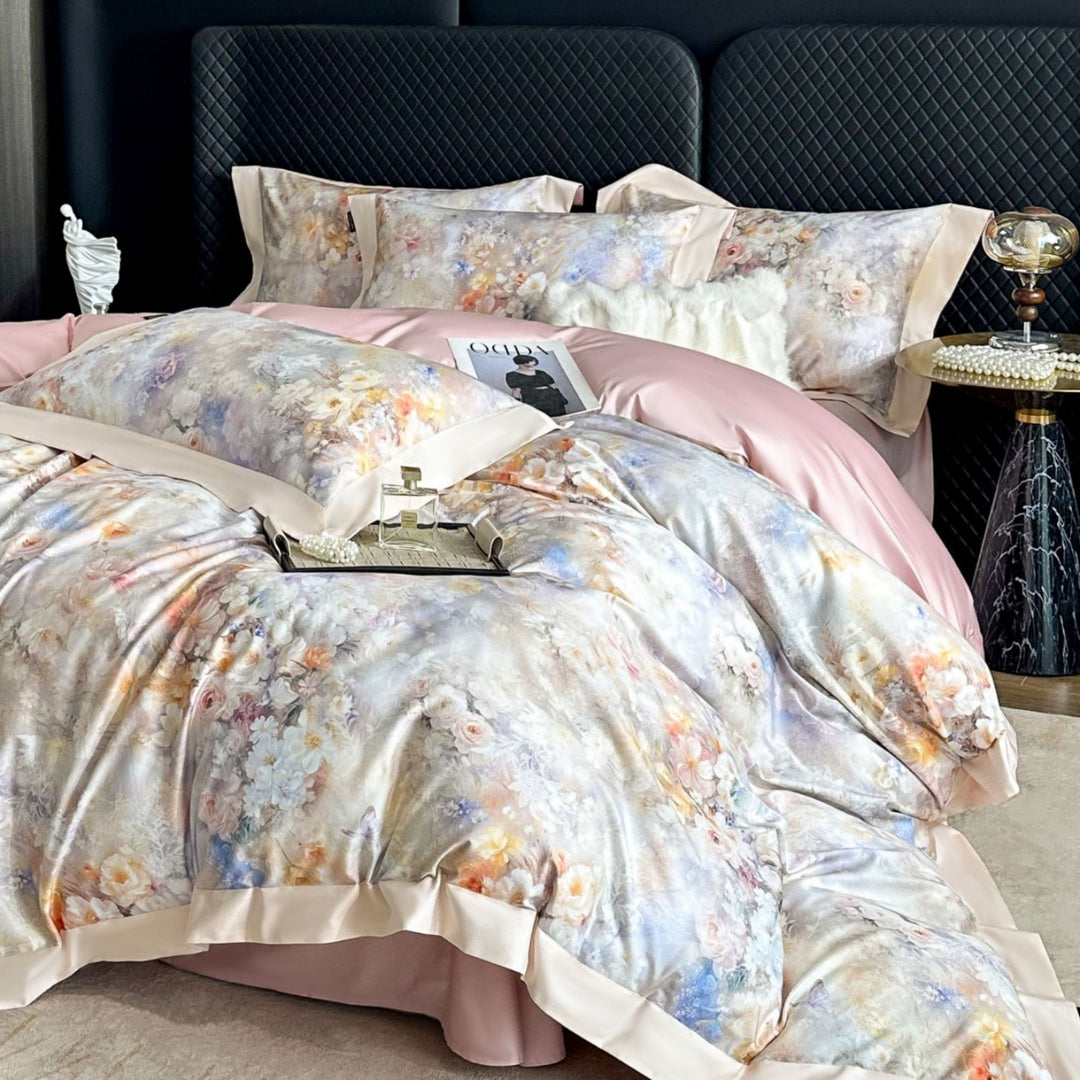 Premium-Baumwoll-Satin-Bettwäschegarnitur mit detailliertem Botanischem Toile-Motiv und Satinbordüre