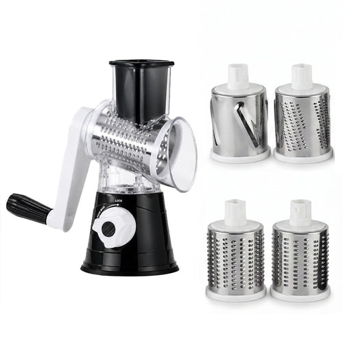Manual Rotary Vegetable Grater with Multiple Interchangeable Stainless Steel Drum Blades and Suction Base