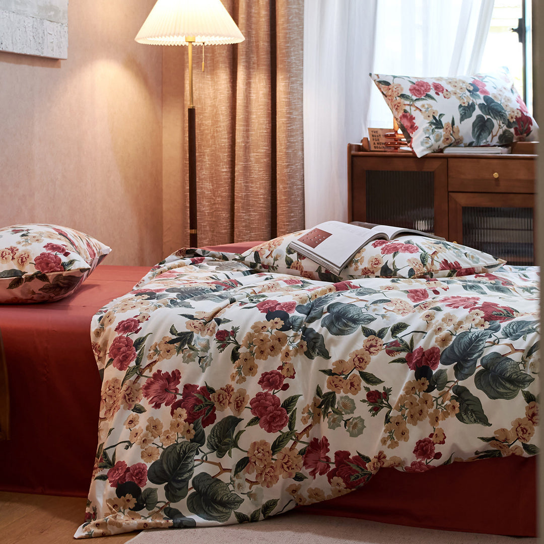 Botanisches Baumwoll-Satin Bettbezug-Set mit umkehrbarem Bezug