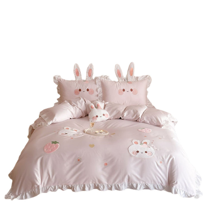 Rüschende Baumwollsateen-Kaninchen-Applikation Bettbezug-Set mit Ohr-Kissenbezügen