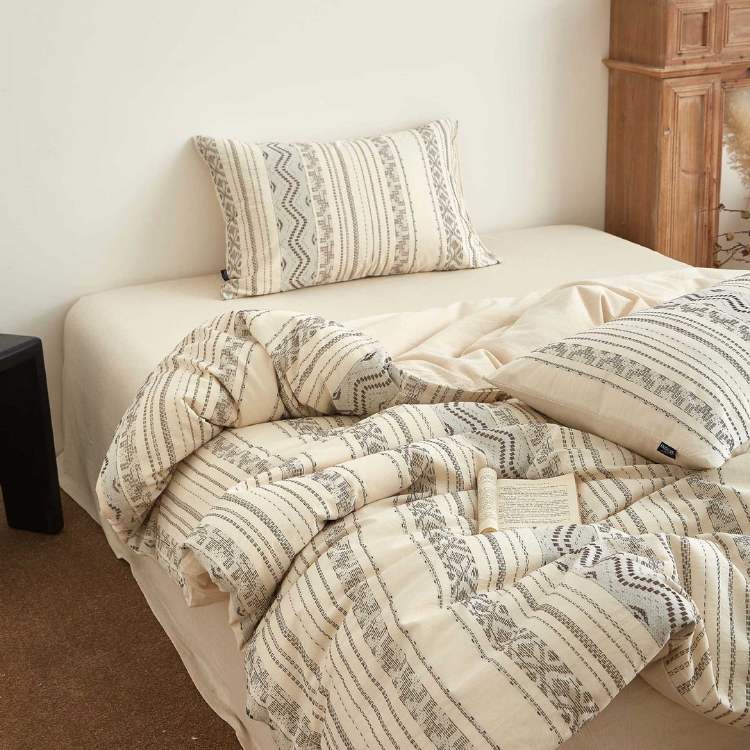 Washed Cotton-Linen Tribal Stripe Duvet Cover and Pillowcase Set