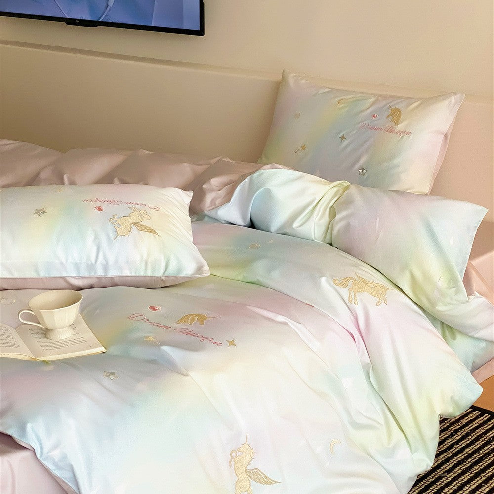 Pastell-Bettbezug-Set mit Einhornstickerei und seidenweichem Satin