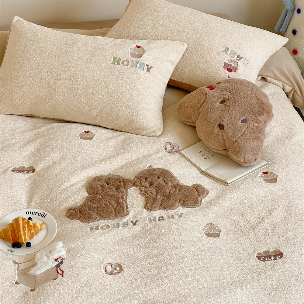 Plüsch bestickter wendbarer Bettbezug Bettwäsche Set mit Applikation Teddy Kissenbezüge
