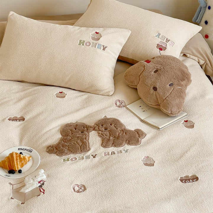 Plüsch bestickter wendbarer Bettbezug Bettwäsche Set mit Applikation Teddy Kissenbezüge