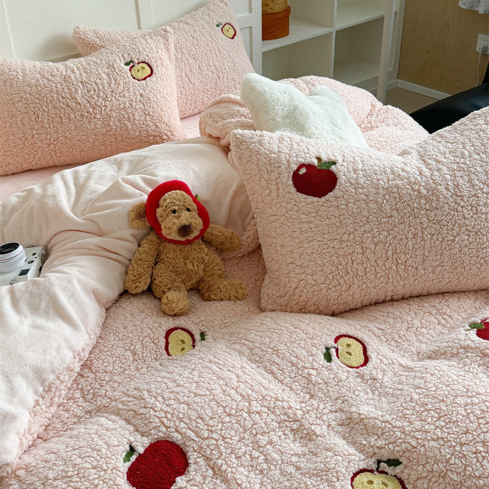 Plüsch-Steppbett-Garnitur mit Kaninchen-Stickerei und Sherpa-Oberfläche