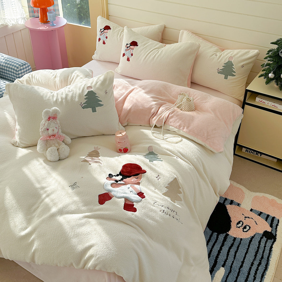 Plush Sherpa Embroidered Winter Cartoon Duvet Cover Set with Reversible Soft Lining and Pillow Shams
