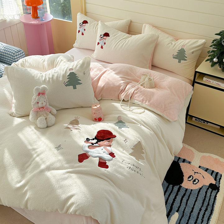 Plush Sherpa Embroidered Winter Cartoon Duvet Cover Set with Reversible Soft Lining and Pillow Shams