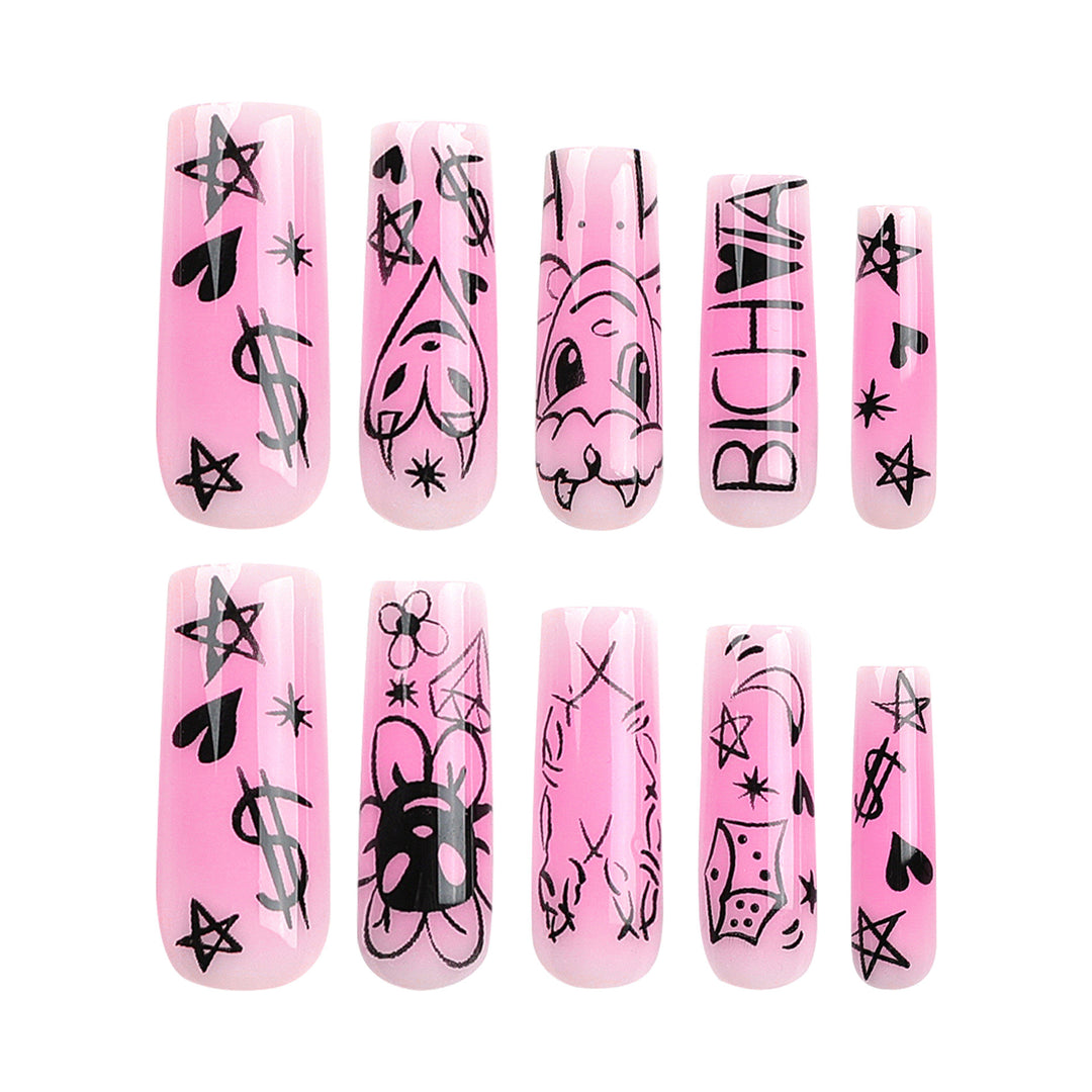 Kunstnagelset mit verspieltem Cartoon-Motiv und schimmernden Akzenten Karnz