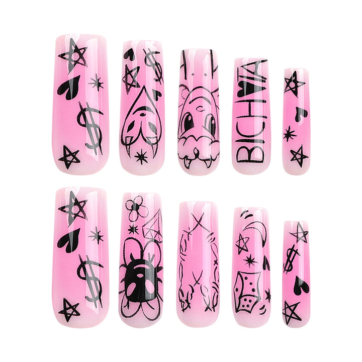 Kunstnagelset mit verspieltem Cartoon-Motiv und schimmernden Akzenten Karnz