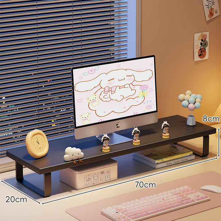 Kompakte Holz-Desktop-Monitorerhöhung mit Metallbeinen und unterer Ablagefläche