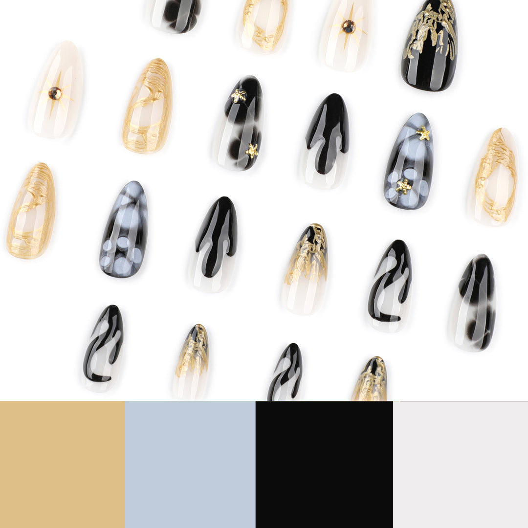 Elegante Stiletto-Kunstnägel mit Goldakzenten und modernen Designs Karnz