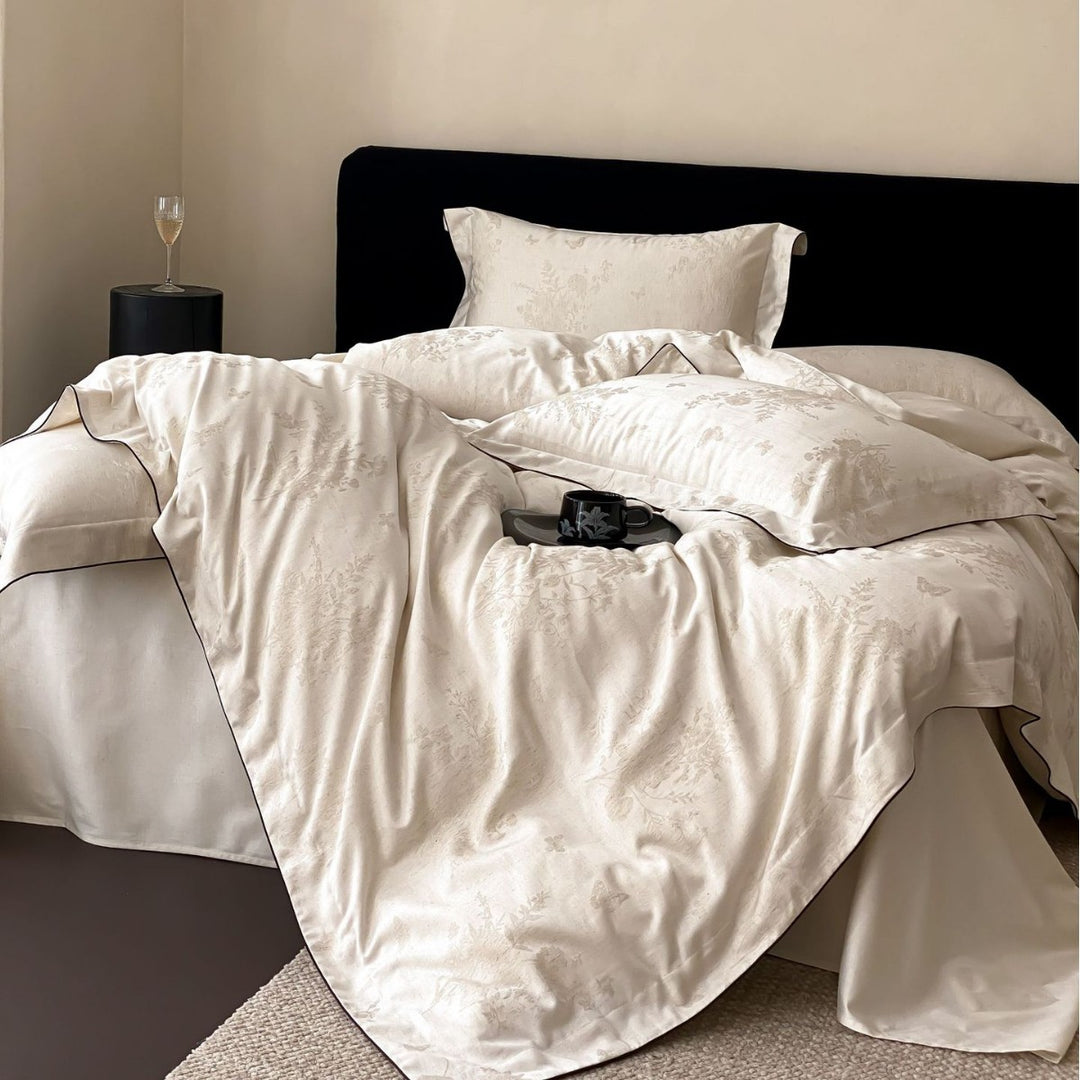 Jacquard-Baumwoll-Percale-Bettbezug-Set mit kontrastfarbener Paspel und Oxford-Kissenbezügen