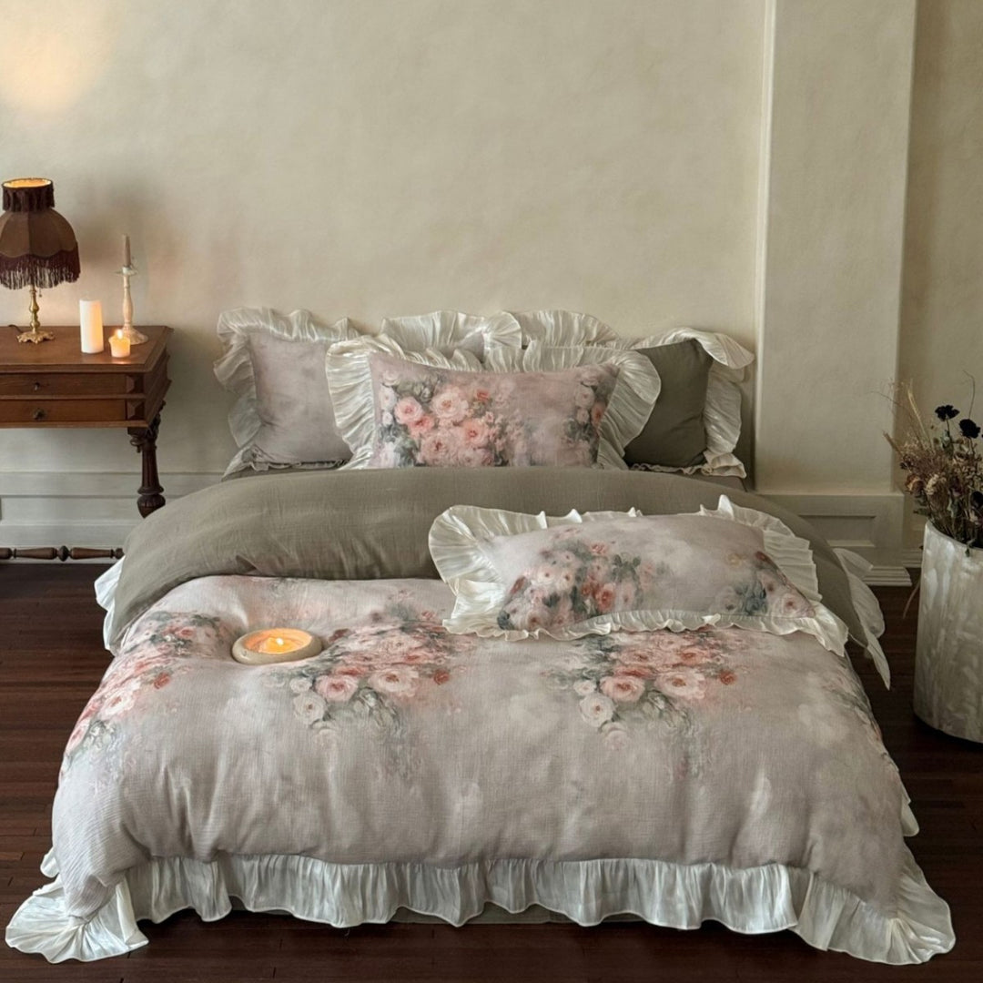 Floral Ruffled Cotton-Linen Duvet Cover Set