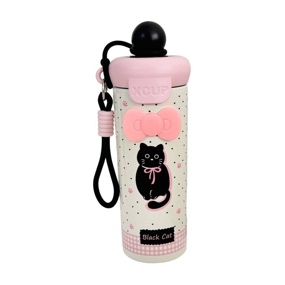 Damen Wasserflasche mit süßem Hasenmotiv und integriertem Karabiner Karnz