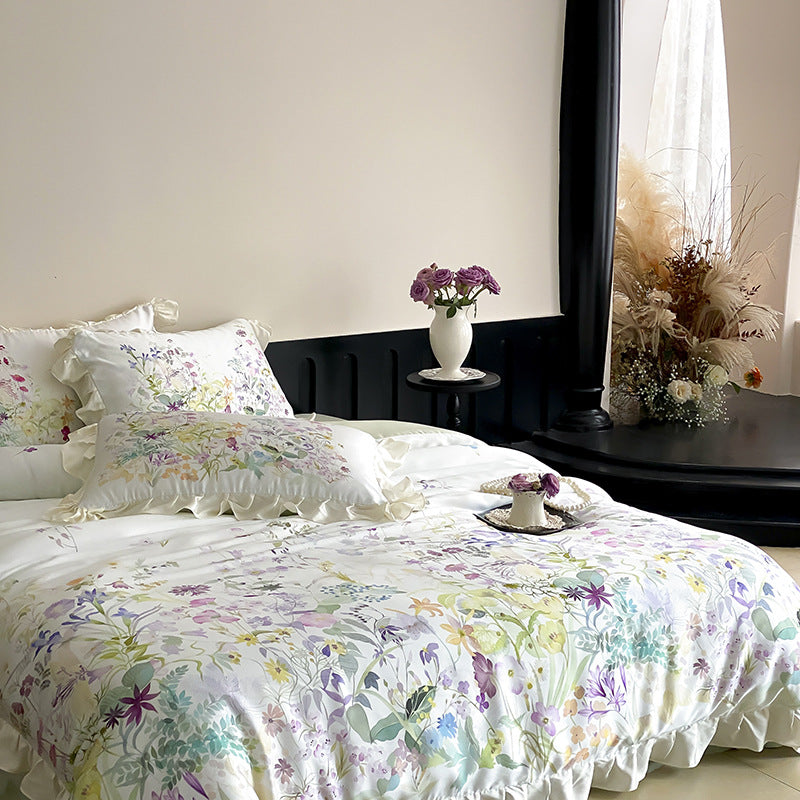 Blumige Baumwollsatin Rüschende Bettwäsche Set