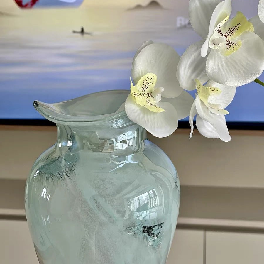 Mouth-blown Opaline verlängerte Glühbirnen dekorative Glasvase mit ausladendem Rand Karnz