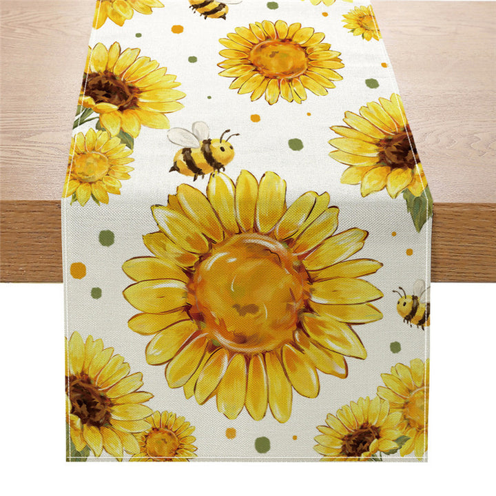 Dekorativer Baumwoll-Leinen Frühlings-Blumen Tischläufer mit rustikalem Holz-Querstück und Sonnenblumen-Druck