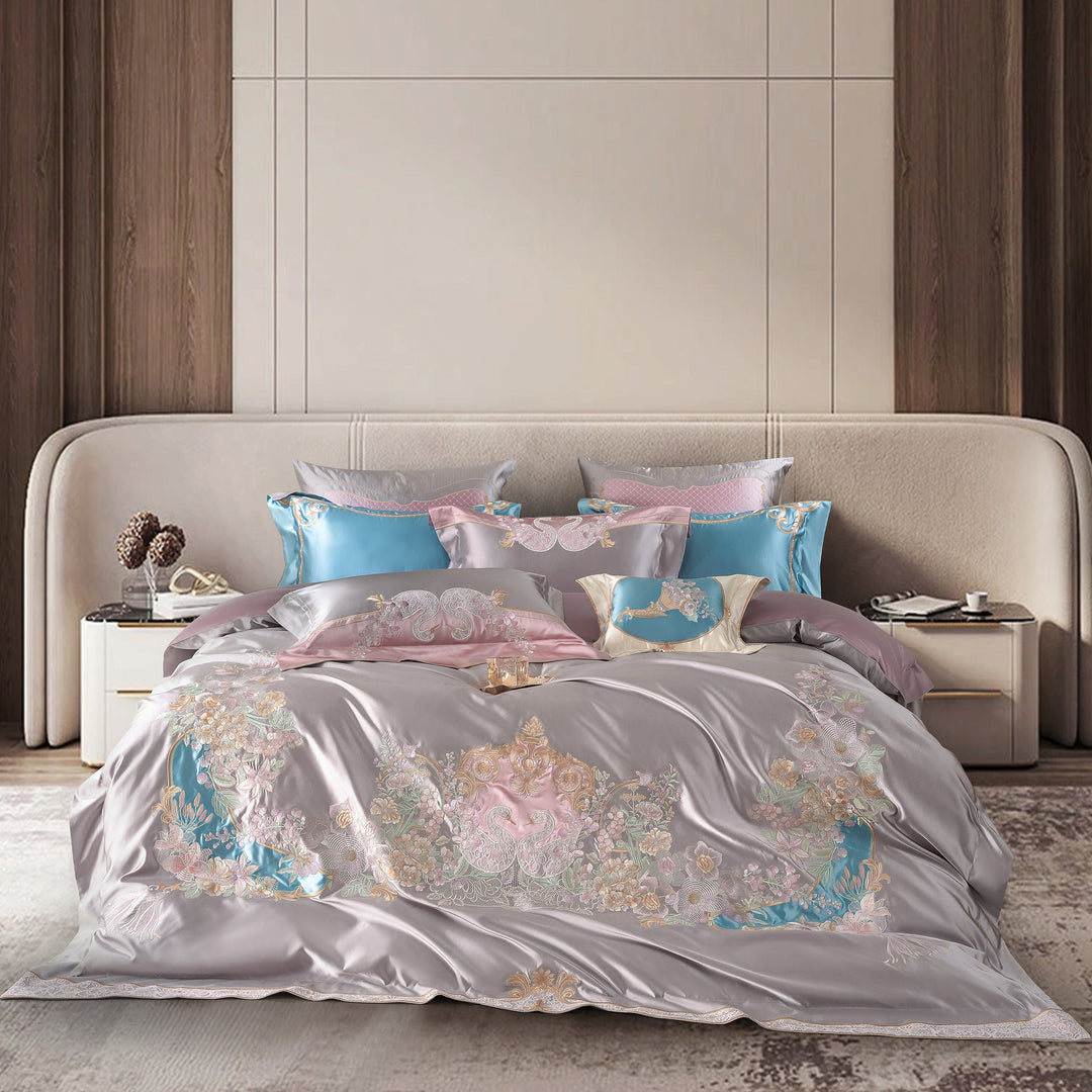 Besticktes Luxus Satin-Feel Bettbezug Set mit verstecktem Reißverschluss & Oxford Kissenbezügen