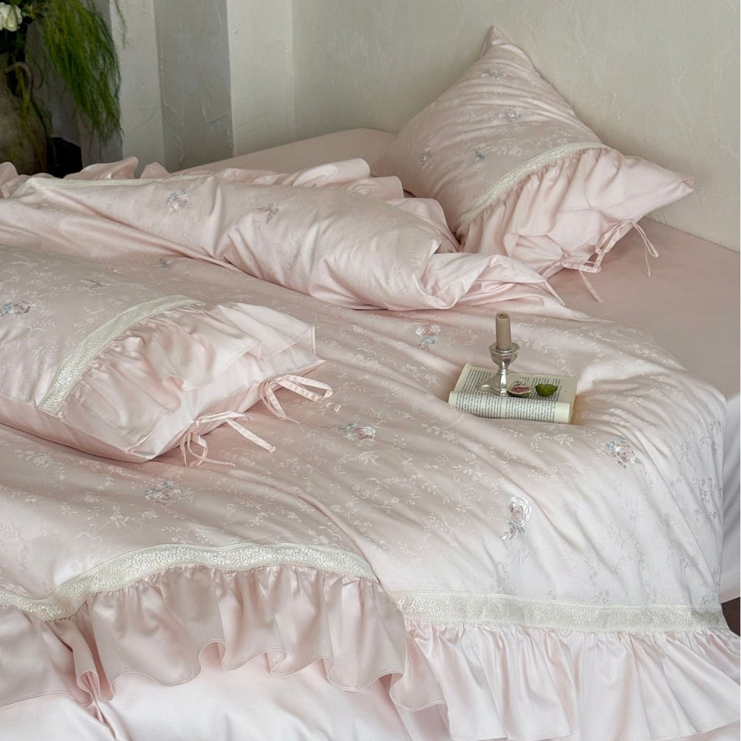 Vintage Floral Jacquard Rüschende Bettdeckenbezug Ensemble mit Knoten-Kissenbezügen und Bett-Rock