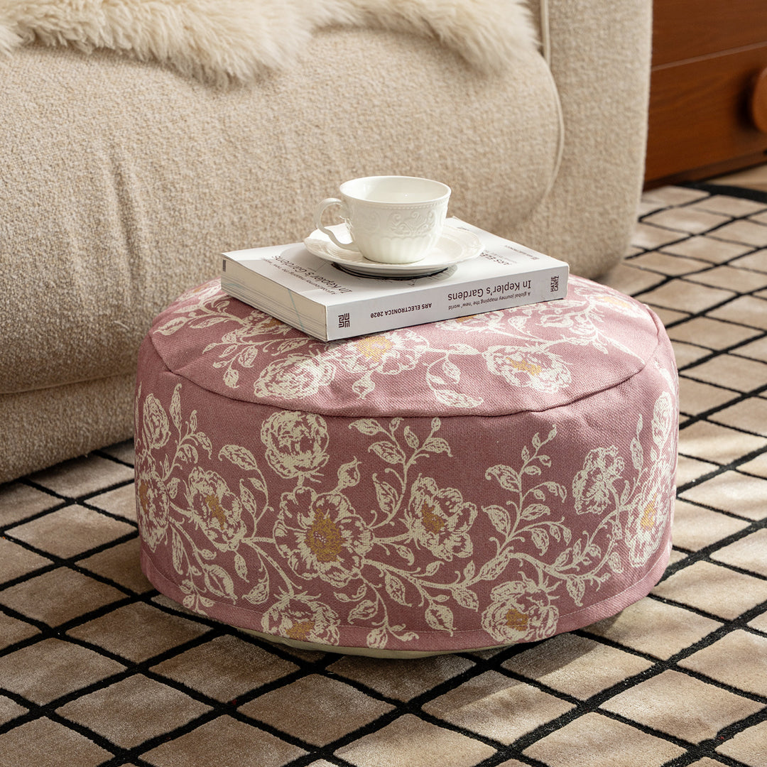 Runder Sitzpouf mit floraler Jacquard-Webung, stabilem Polsterkern und Tragegriff Karnz
