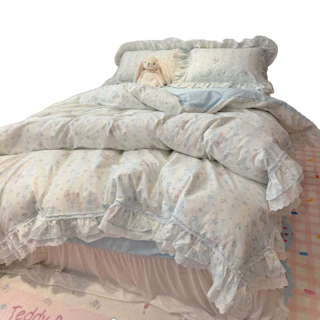 Rüschendes Teddy-Muster Baumwollsatin Bettdeckenbezug-Set mit wendbarem Blatt und Spitzeneinfassung Kissenbezüge