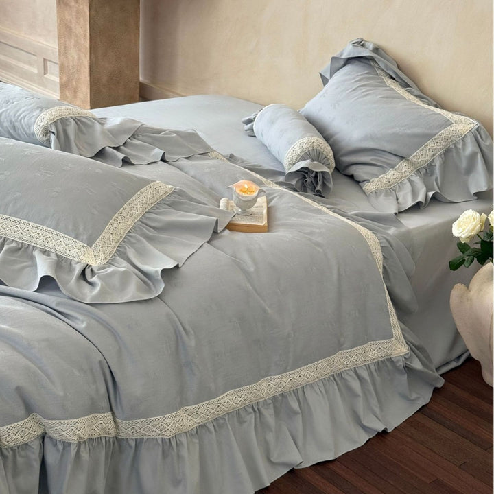 Leinen-Mischung Jacquard Floral Bettbezug Set mit Rüschensaum und dekorativem Bolster