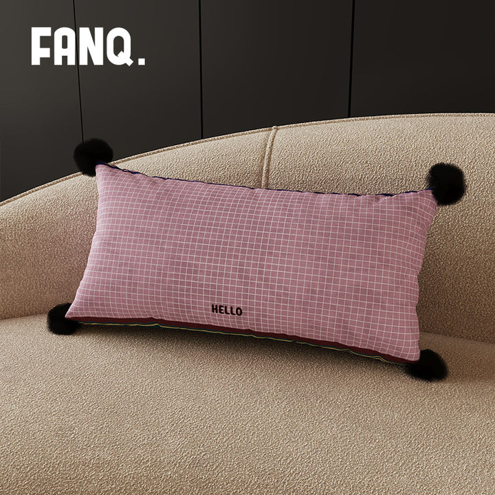 Decorative Long Lumbar Velvet Pillow with Checkerboard Jacquard, Pom-Pom Corners and Patchwork Accents