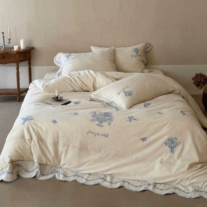 Vintage-inspirierte bestickte Baumwoll-Leinen Wellen-Duvet-Bezug-Set