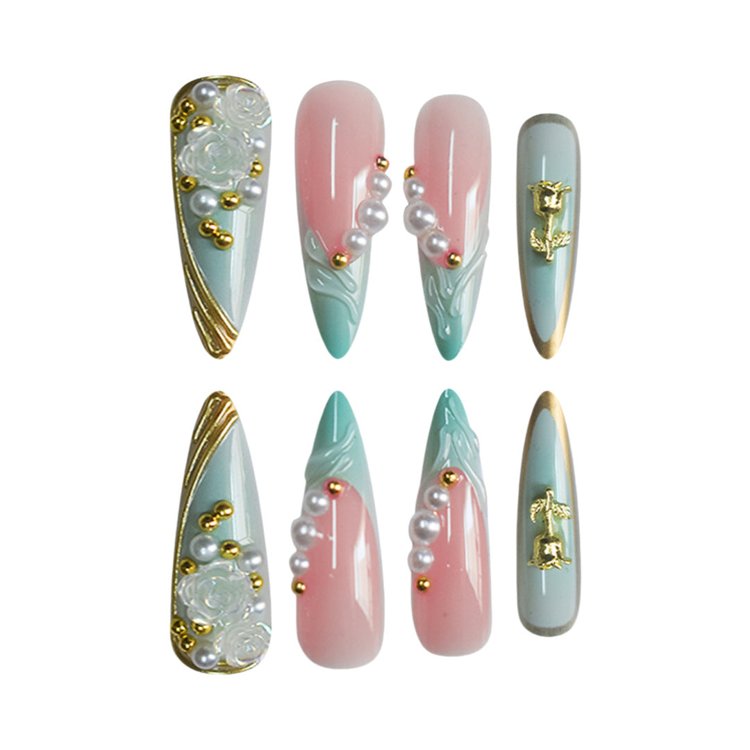 Luxuriöse Strass- und Blumen Druck-Nagelkunst Karnz