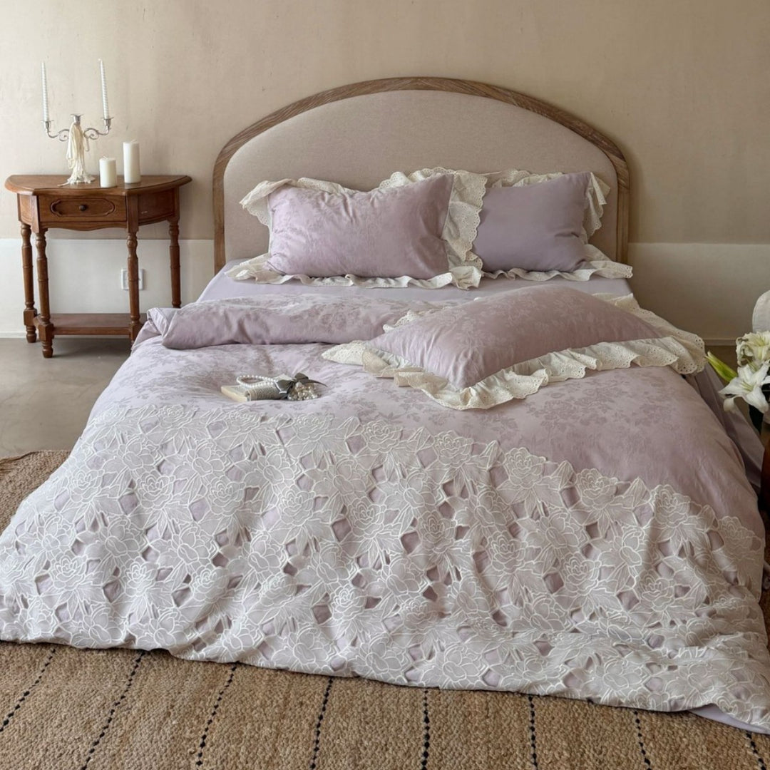 Ausschnitt Floral Bestickte Baumwolle Bettbezug Set mit Ösen Rüsche Kissenbezüge