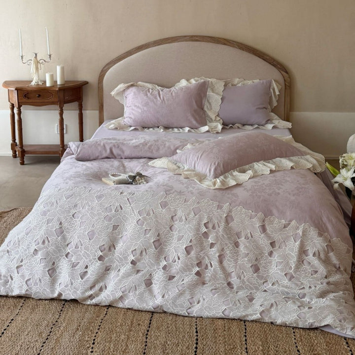 Ausschnitt Floral Bestickte Baumwolle Bettbezug Set mit Ösen Rüsche Kissenbezüge