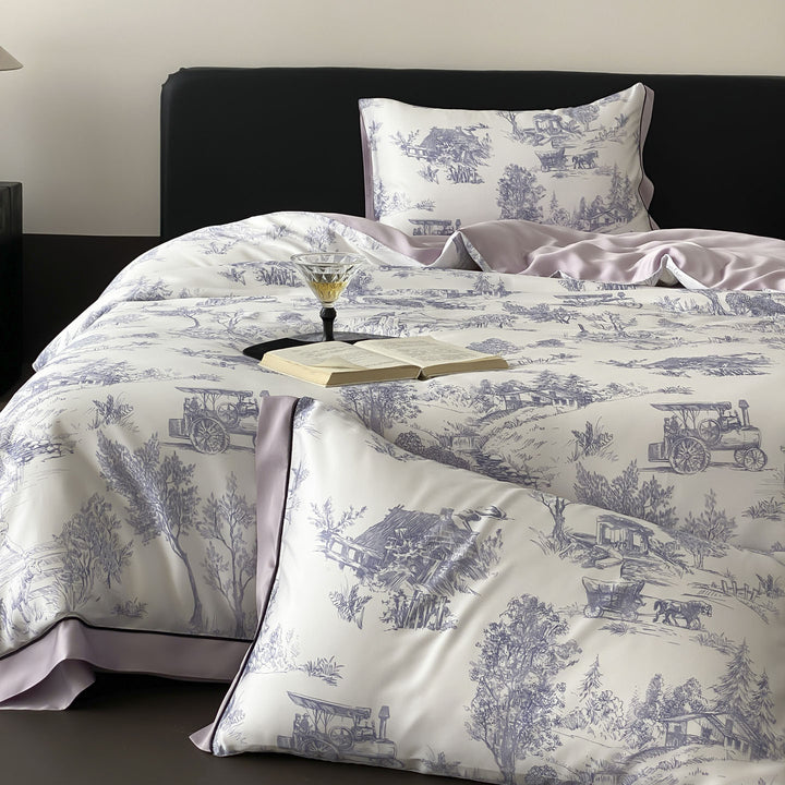 Luxuriös Wendbare Satin-Baumwolle Bettwäsche Set mit Toile Landschaftsdruck