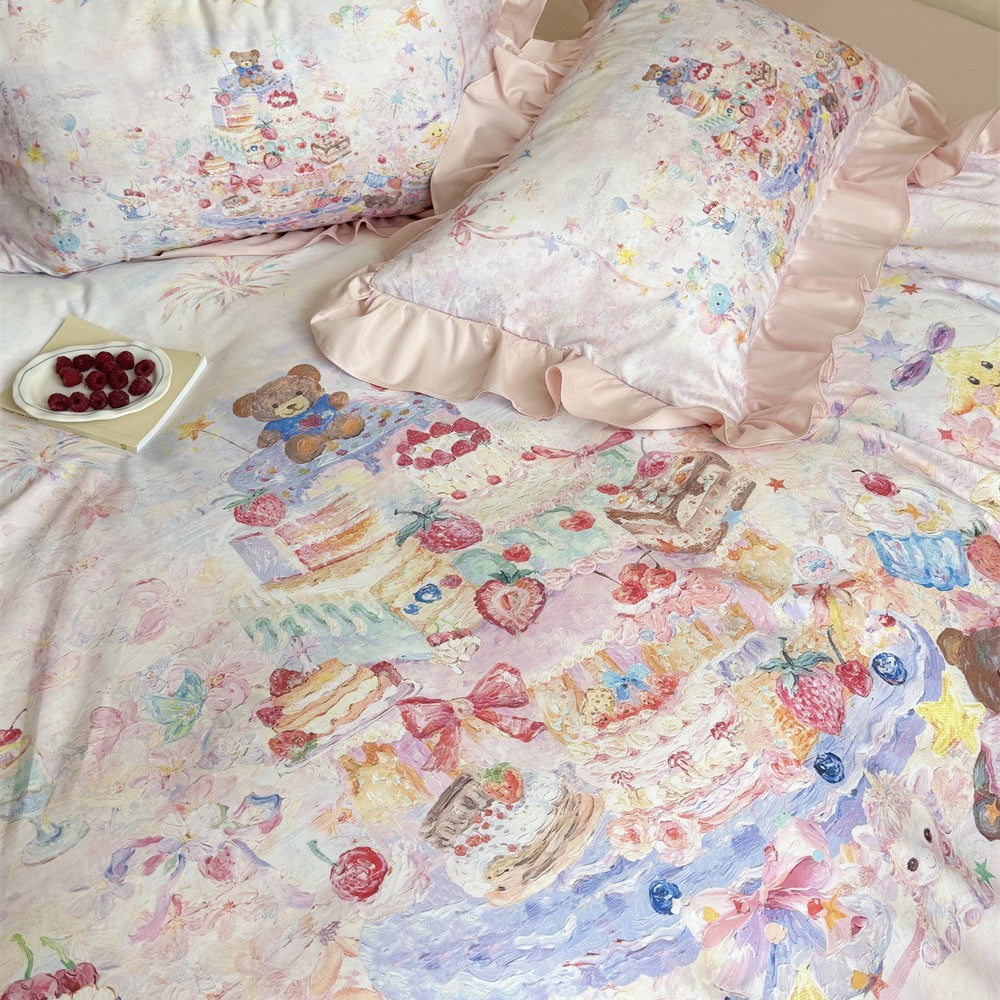 Verspielte Baumwollsatin-Bettwäschegarnitur mit Rüschen und Aquarell-Tiermotiv