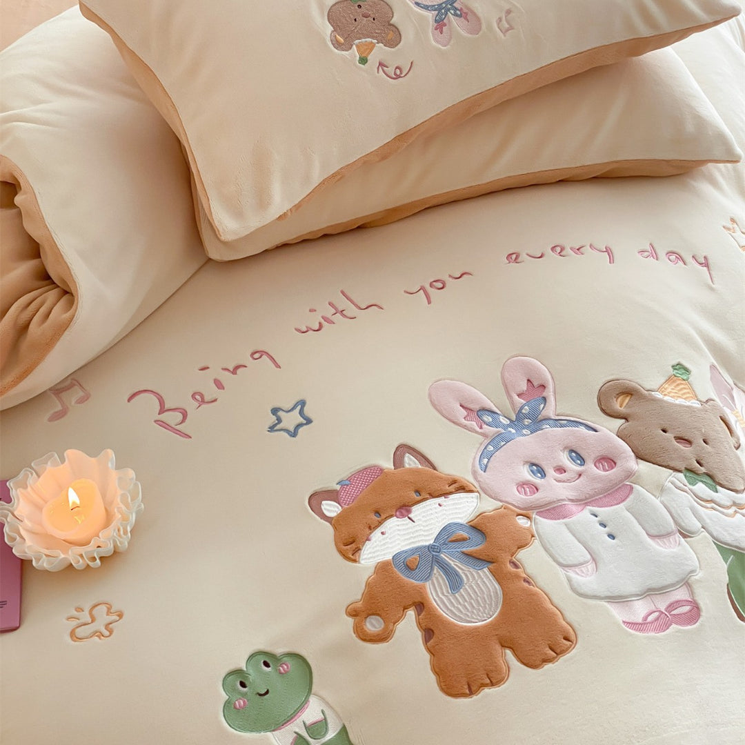 Kinder bestickte Applikations Baumwollsatin Bettbezug Set mit Cartoon Tiermotiven