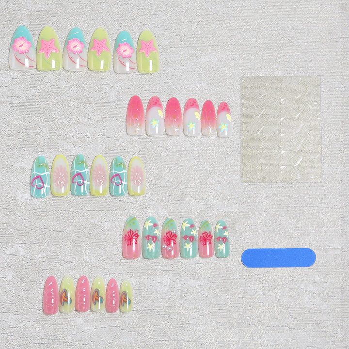 Kunstnagelset mit buntem Blumen- und Strandmotiv Karnz