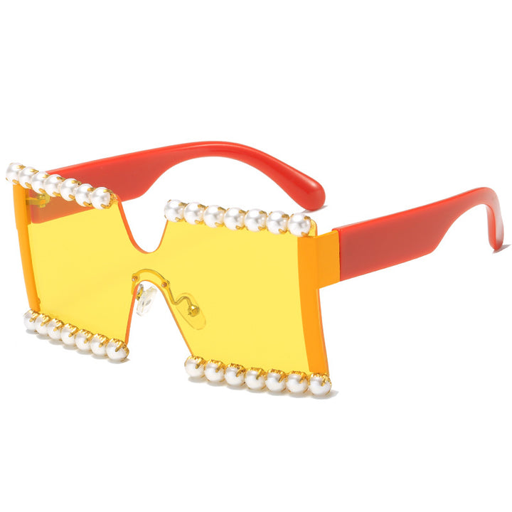 Damen extravagante Rechteck-Sonnenbrille mit Perlenschmuck und UV-Schutz Karnz