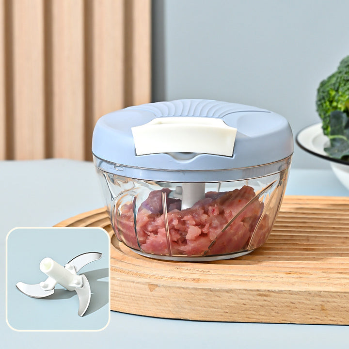 Compact Manual Pull-String Food Chopper with Interchangeable S-Blade and Clear Glass Bowl