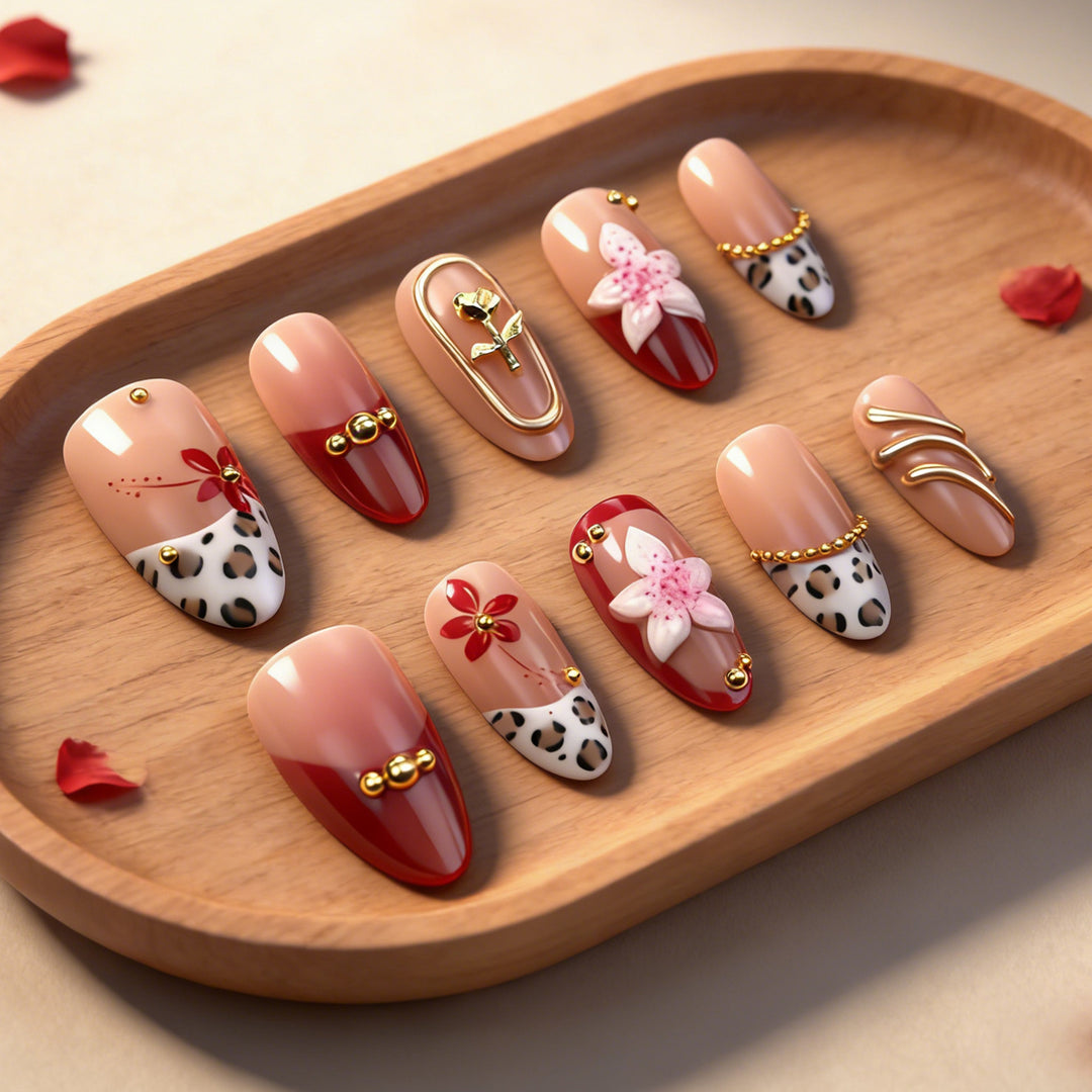 Künstlerisches dekoratives Press-On Nagel-Kunst-Set mit floralen und Leopardenmustern Karnz